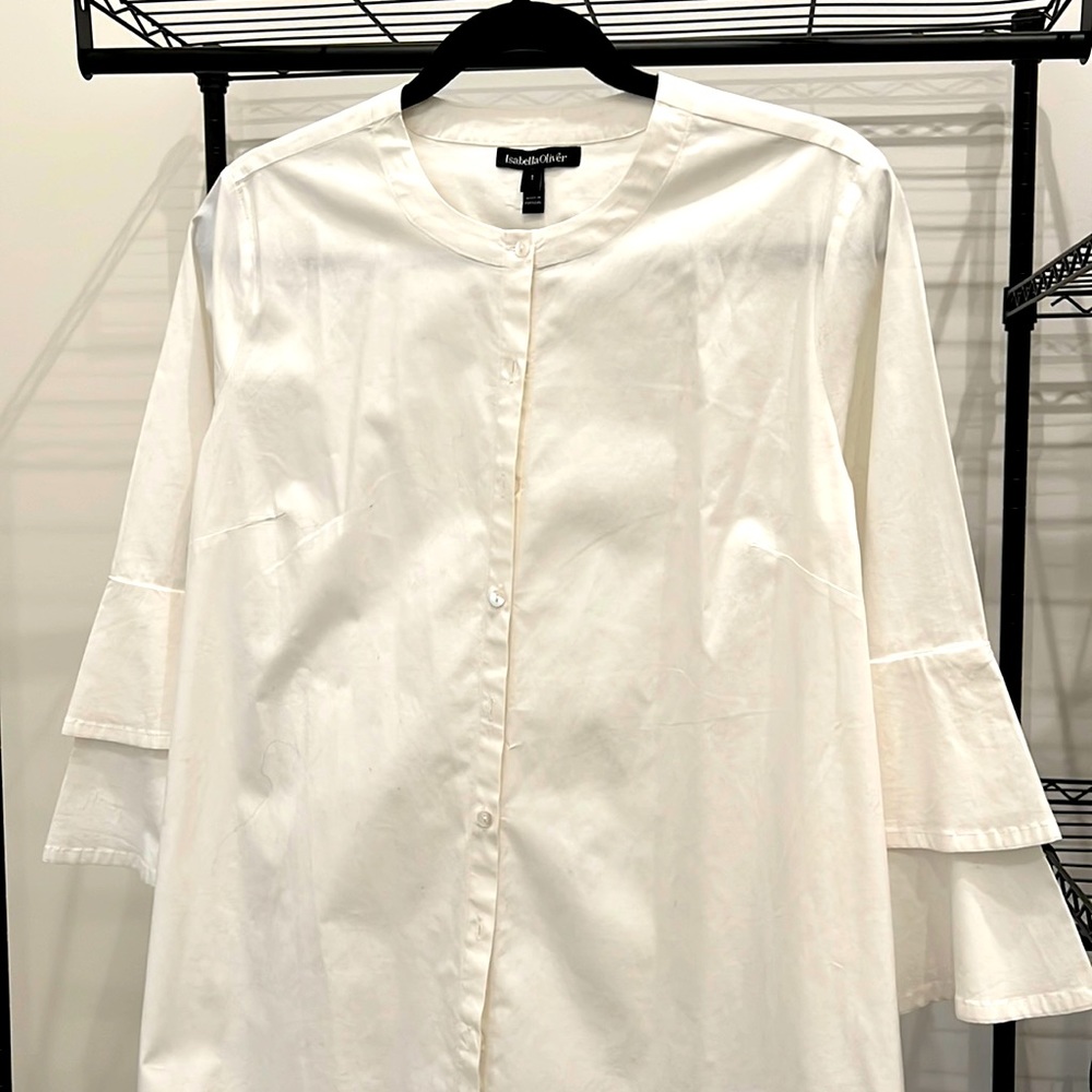 White maternity button down with tiered sleeves